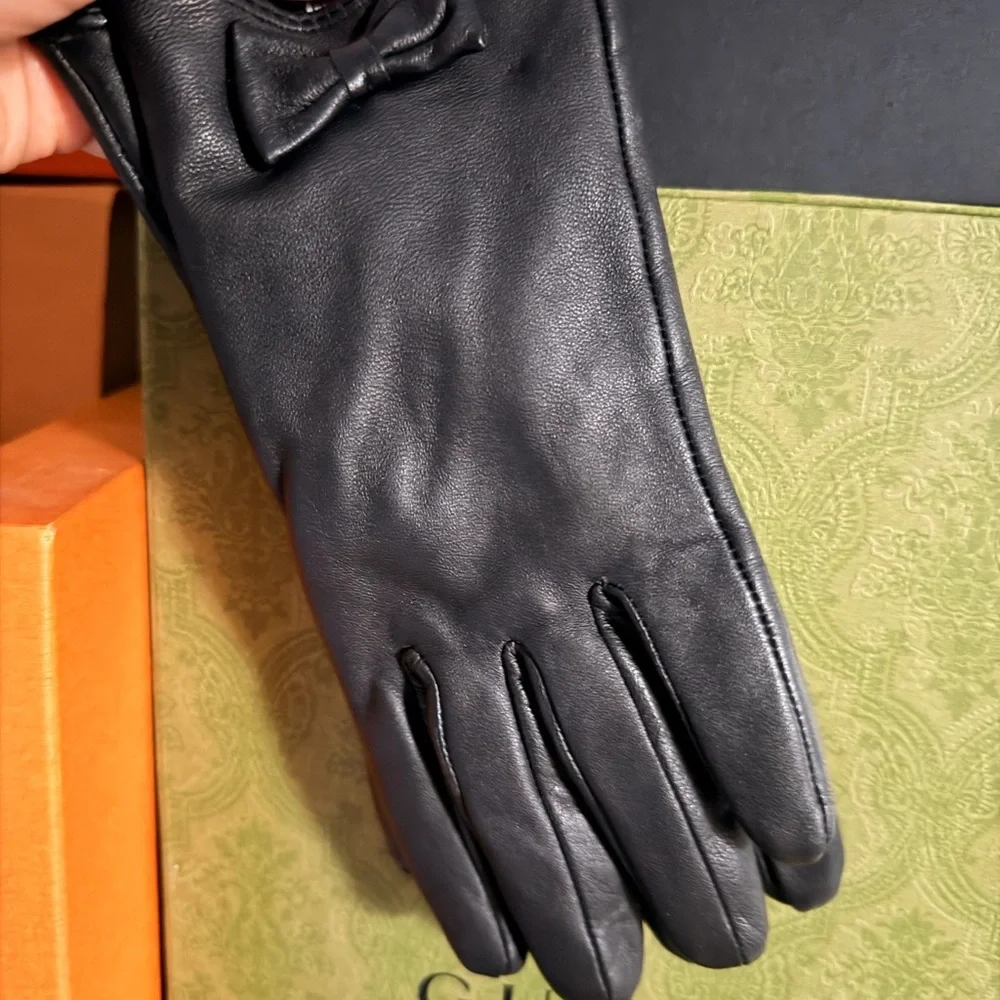 Barneys New York Black Leather Gloves with Bow Accents! 🆕 real leather!
